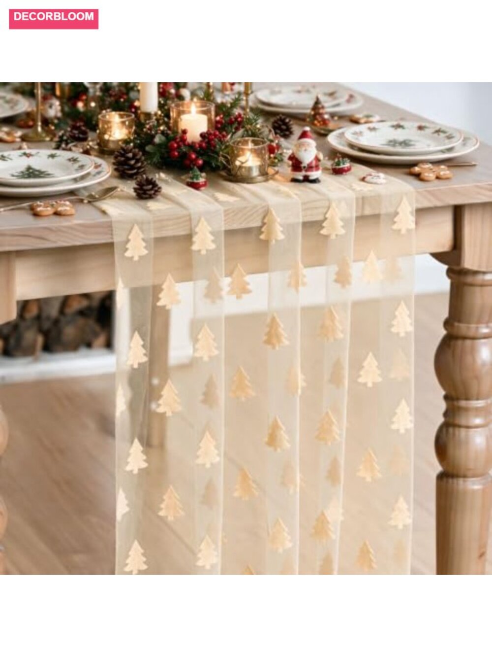 Pine Tree Flocking Gauze Table Runner 28x120 Sheer Winter Dining Decor